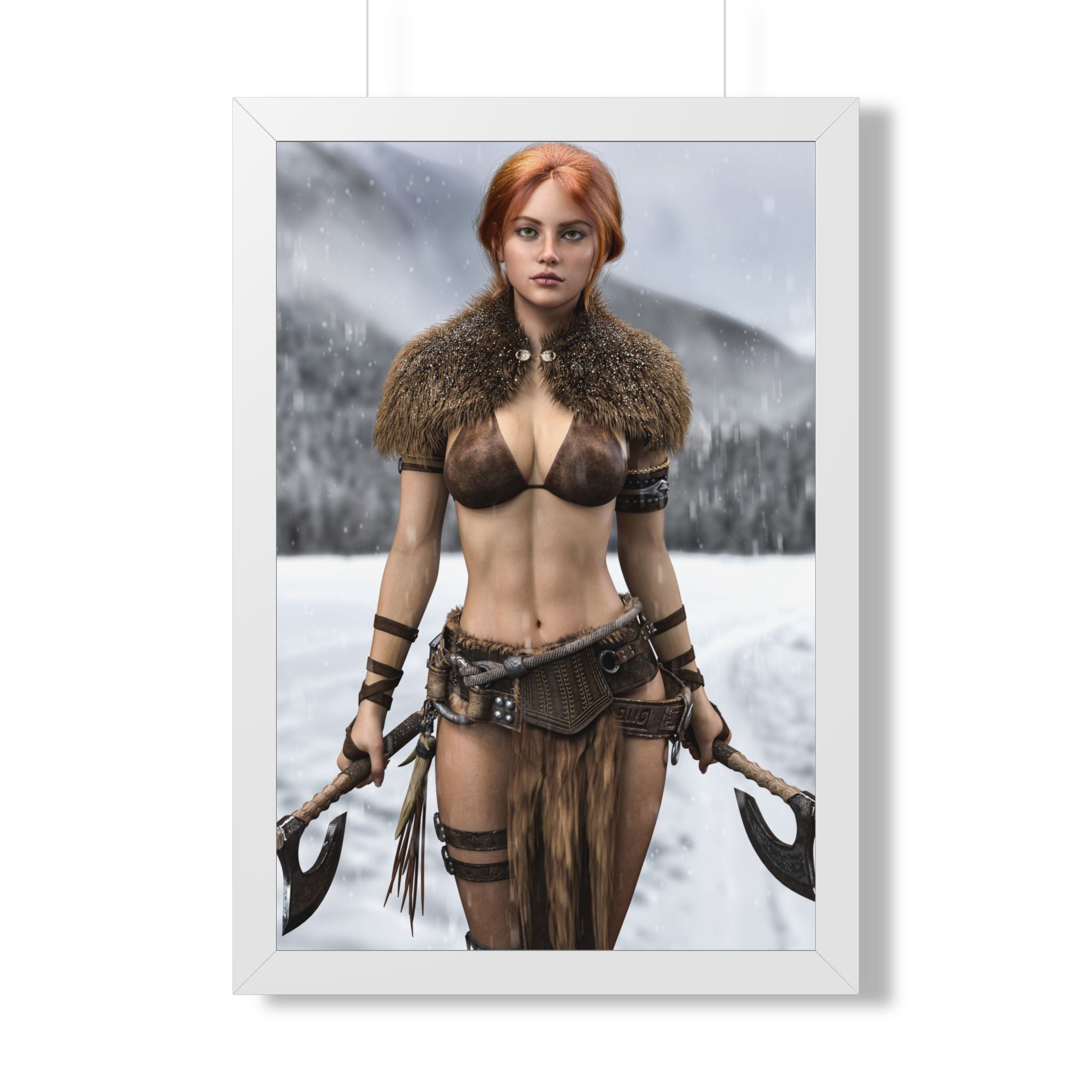 Viking Shieldmaiden Framed Poster — Redhead Warrior Art Print- No AI - Human created illustration art