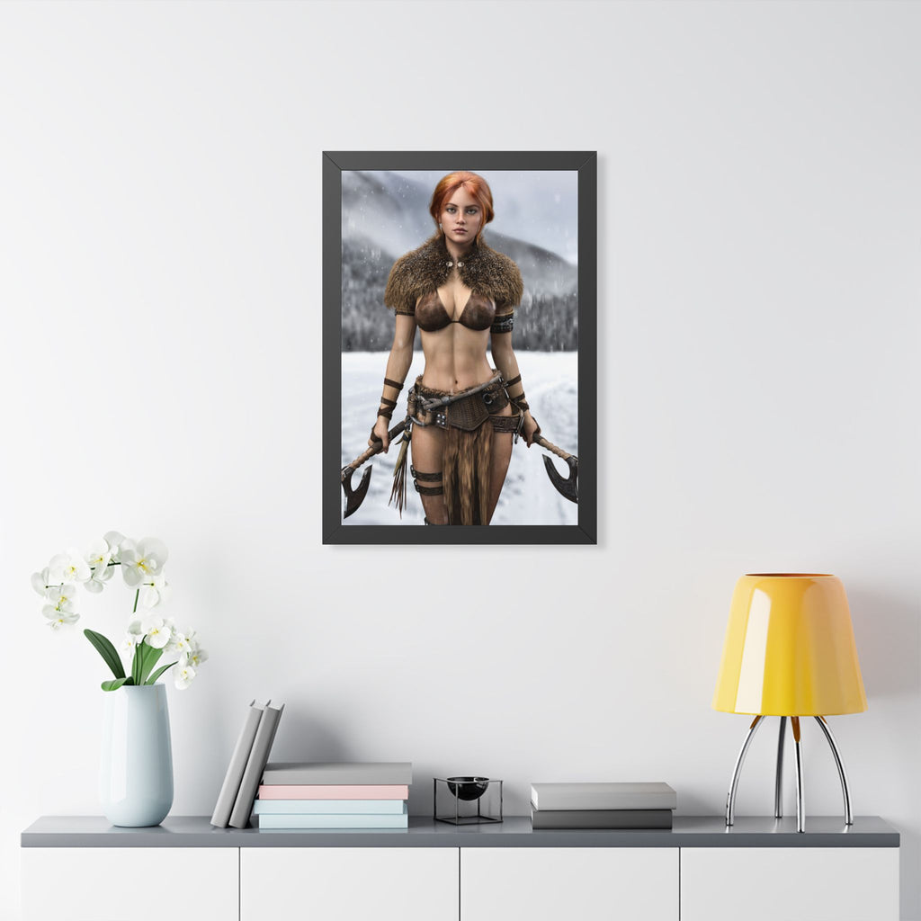 Viking Shieldmaiden Framed Poster — Redhead Warrior Art Print- No AI - Human created illustration art