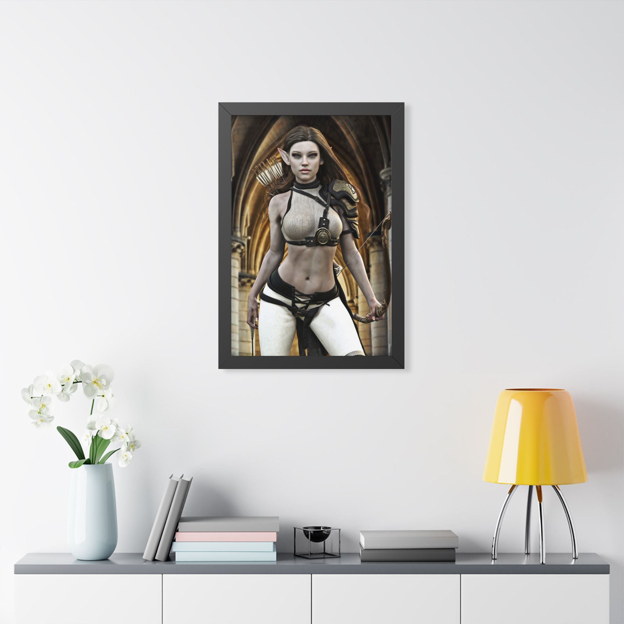 Fantasy Archer Woman Framed Poster — Elven Warrior Vertical Wall Art- No AI - Human created illustration art