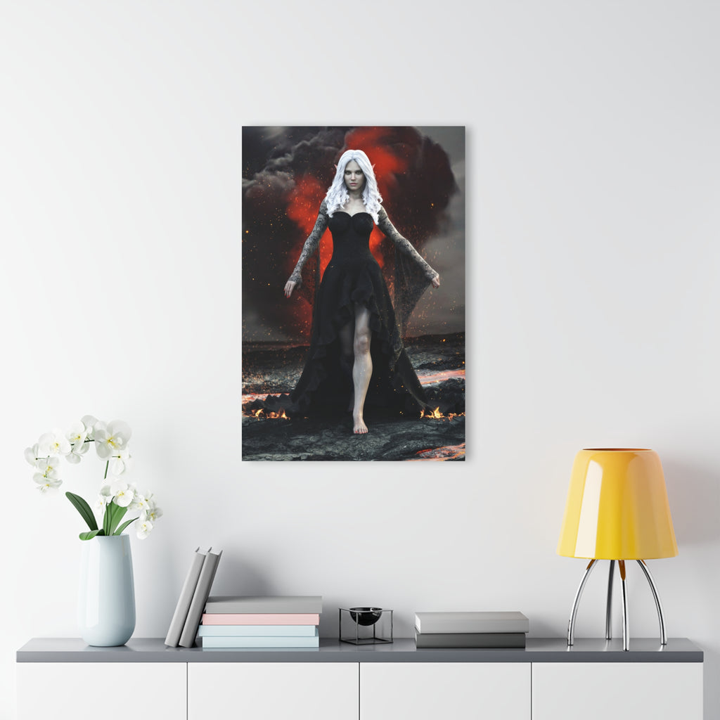 A powerful Dark Elf Sorceress with flowing white hair walks confidently across a volcanic landscape wearing an elegant black gothic gown. Lava, fire, smoke, and glowing embers surround the mysterious mage, creating a cinematic fantasy illustration filled with dramatic lighting, magical atmosphere, and richly detailed textures.