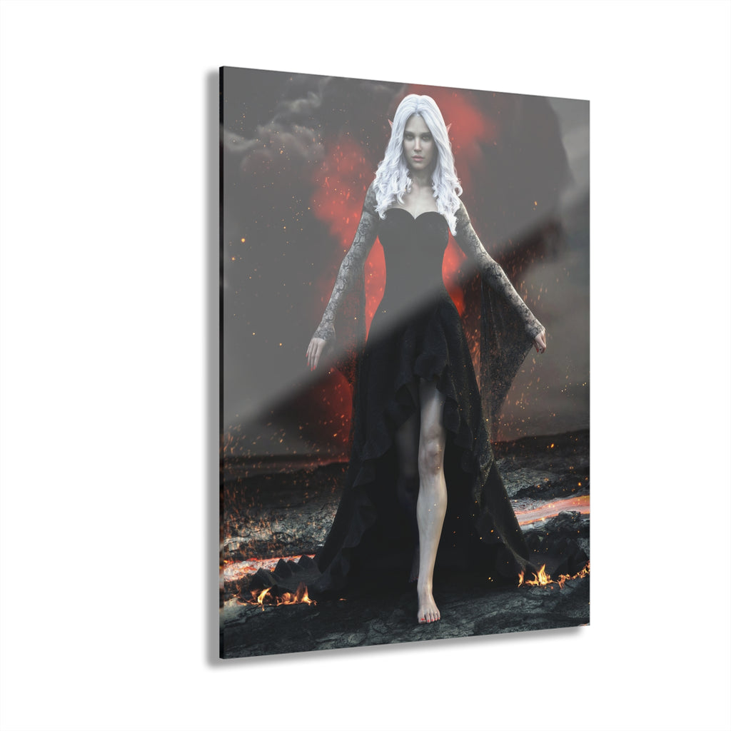 A powerful Dark Elf Sorceress with flowing white hair walks confidently across a volcanic landscape wearing an elegant black gothic gown. Lava, fire, smoke, and glowing embers surround the mysterious mage, creating a cinematic fantasy illustration filled with dramatic lighting, magical atmosphere, and richly detailed textures.