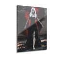 A powerful Dark Elf Sorceress with flowing white hair walks confidently across a volcanic landscape wearing an elegant black gothic gown. Lava, fire, smoke, and glowing embers surround the mysterious mage, creating a cinematic fantasy illustration filled with dramatic lighting, magical atmosphere, and richly detailed textures.