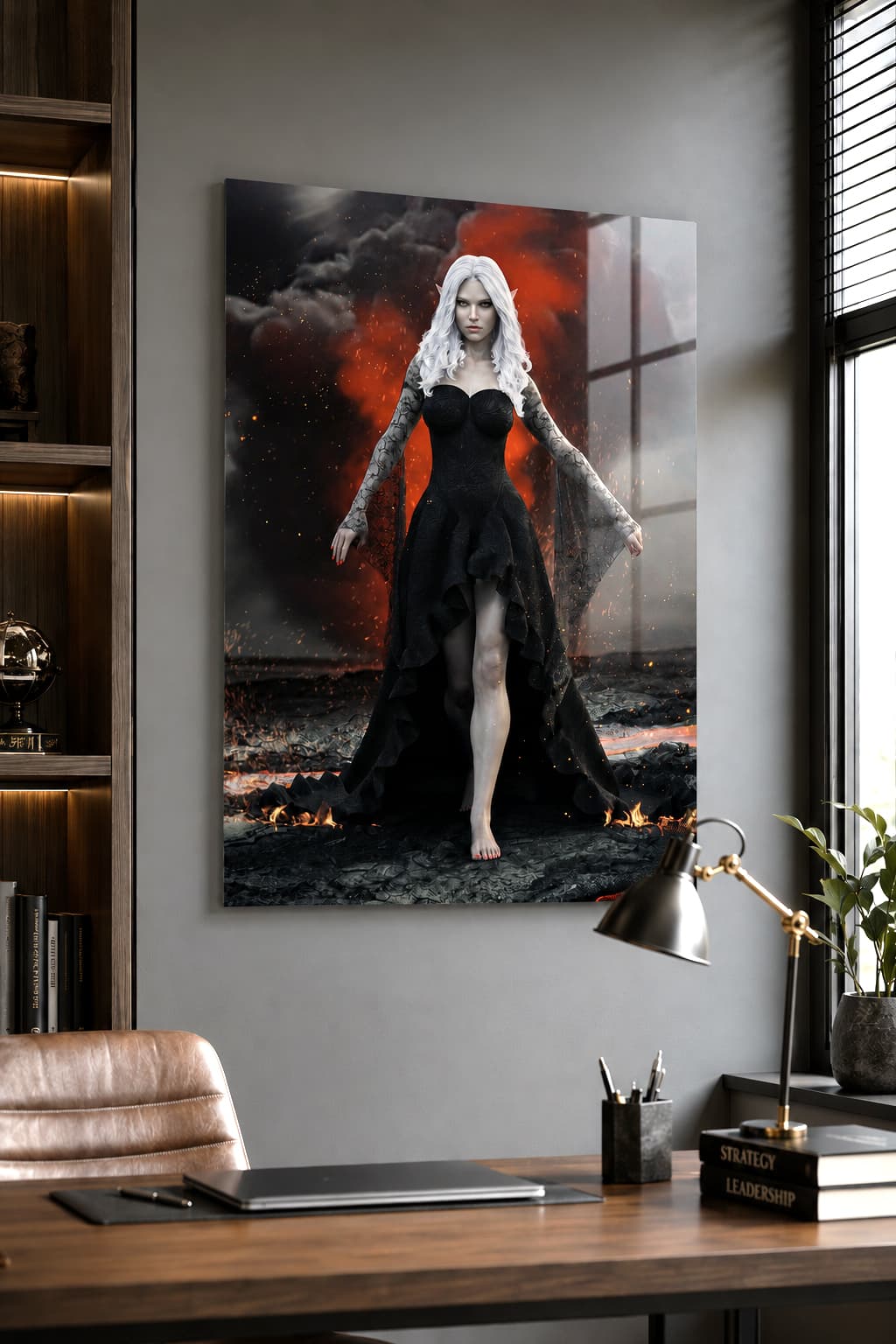 A powerful Dark Elf Sorceress with flowing white hair walks confidently across a volcanic landscape wearing an elegant black gothic gown. Lava, fire, smoke, and glowing embers surround the mysterious mage, creating a cinematic fantasy illustration filled with dramatic lighting, magical atmosphere, and richly detailed textures.