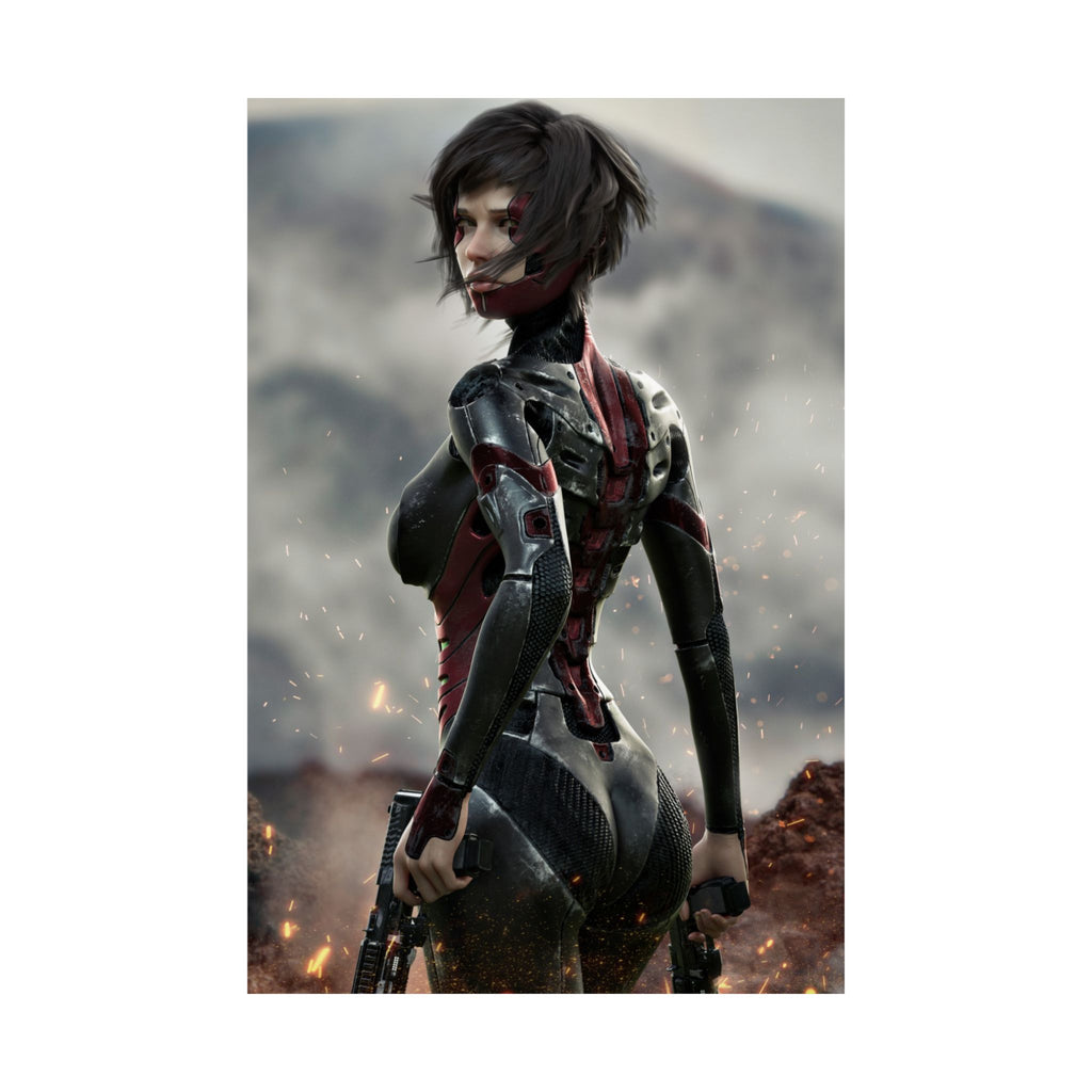 Original handcrafted sci-fi artwork featuring a futuristic female cyborg assassin wearing advanced cybernetic armor while holding dual futuristic pistols in a volcanic battlefield.