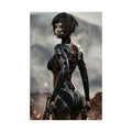 Original handcrafted sci-fi artwork featuring a futuristic female cyborg assassin wearing advanced cybernetic armor while holding dual futuristic pistols in a volcanic battlefield.