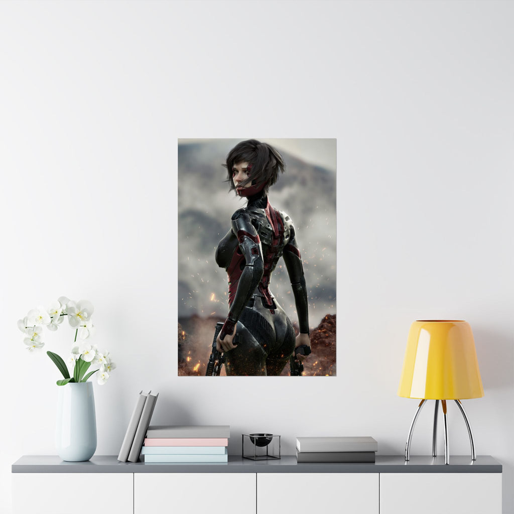 Original handcrafted sci-fi artwork featuring a futuristic female cyborg assassin wearing advanced cybernetic armor while holding dual futuristic pistols in a volcanic battlefield.