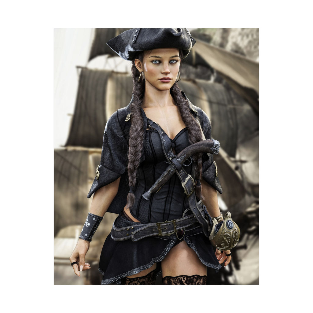 A confident female pirate captain stands before a historic sailing ship wearing a black tricorne hat, elegant pirate clothing, and long braided hair. Detailed leather belts, ornate weapons, and realistic nautical textures combine with cinematic lighting to create a stunning fantasy illustration inspired by legendary pirate adventures.
