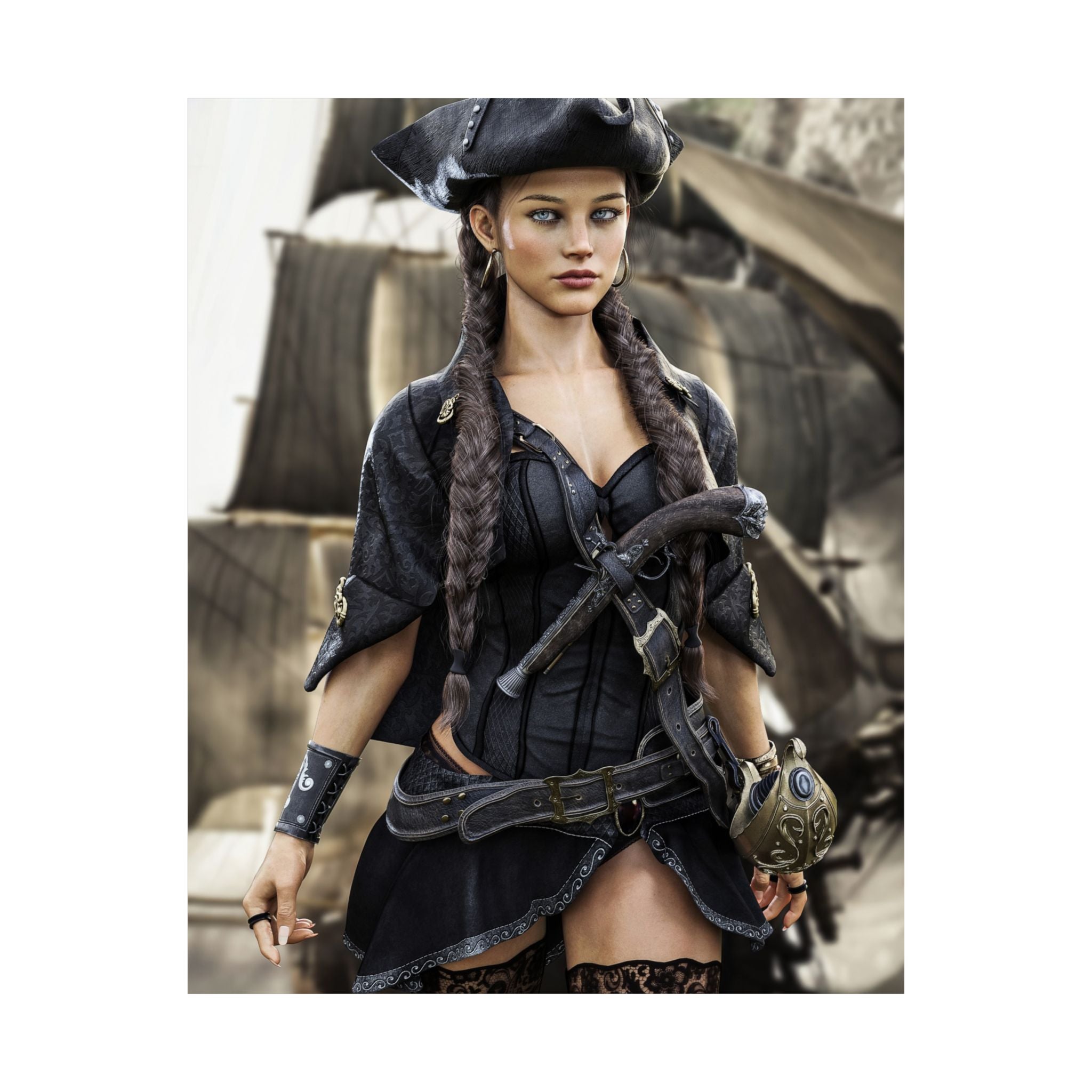 A confident female pirate captain stands before a historic sailing ship wearing a black tricorne hat, elegant pirate clothing, and long braided hair. Detailed leather belts, ornate weapons, and realistic nautical textures combine with cinematic lighting to create a stunning fantasy illustration inspired by legendary pirate adventures.