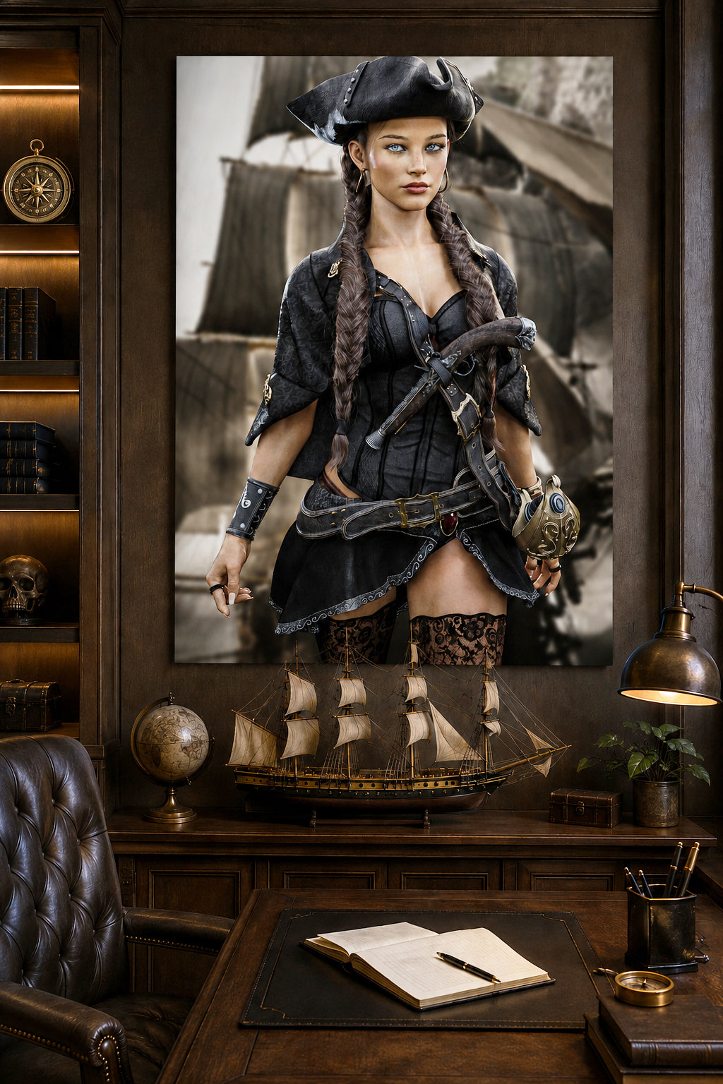 A confident female pirate captain stands before a historic sailing ship wearing a black tricorne hat, elegant pirate clothing, and long braided hair. Detailed leather belts, ornate weapons, and realistic nautical textures combine with cinematic lighting to create a stunning fantasy illustration inspired by legendary pirate adventures.