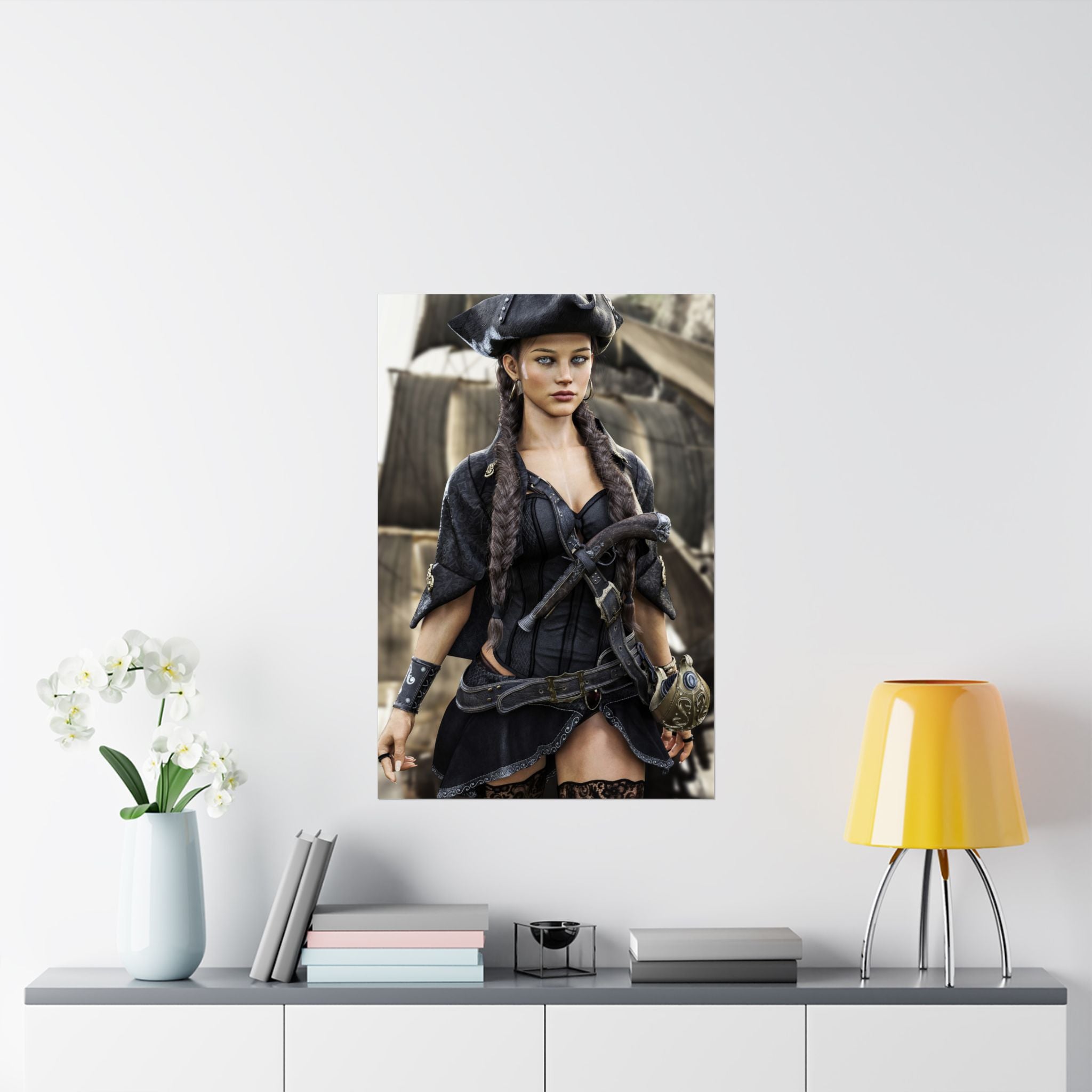 A confident female pirate captain stands before a historic sailing ship wearing a black tricorne hat, elegant pirate clothing, and long braided hair. Detailed leather belts, ornate weapons, and realistic nautical textures combine with cinematic lighting to create a stunning fantasy illustration inspired by legendary pirate adventures.