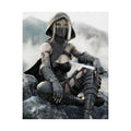 A hooded Dark Elf Rogue sits atop rocky cliffs holding a slender dagger while wearing black leather armor, armored gloves, and a face covering. Her golden eyes, pointed ears, and tattooed arms stand out against a misty mountain landscape. Rich textures and cinematic lighting create a dramatic fantasy illustration inspired by stealth, adventure, and legendary assassins.
