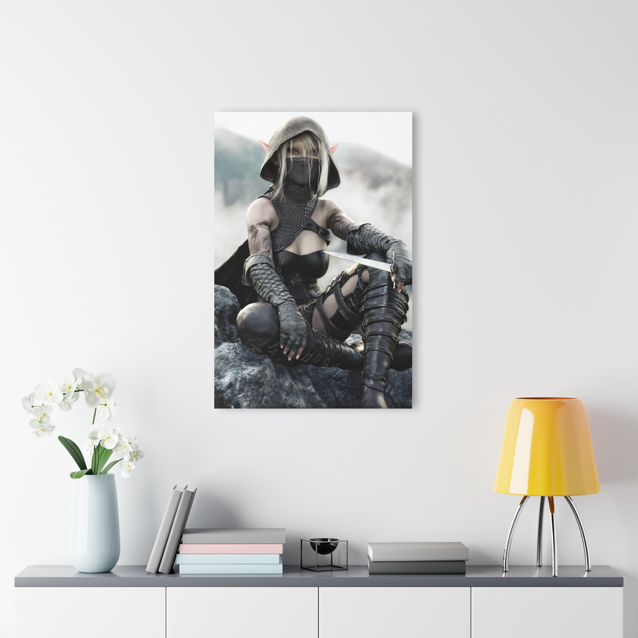 A cinematic Dark Elf Rogue illustration featuring a hooded fantasy assassin with a dagger, perfect for fantasy art collectors, gamers, and tabletop RPG enthusiasts.