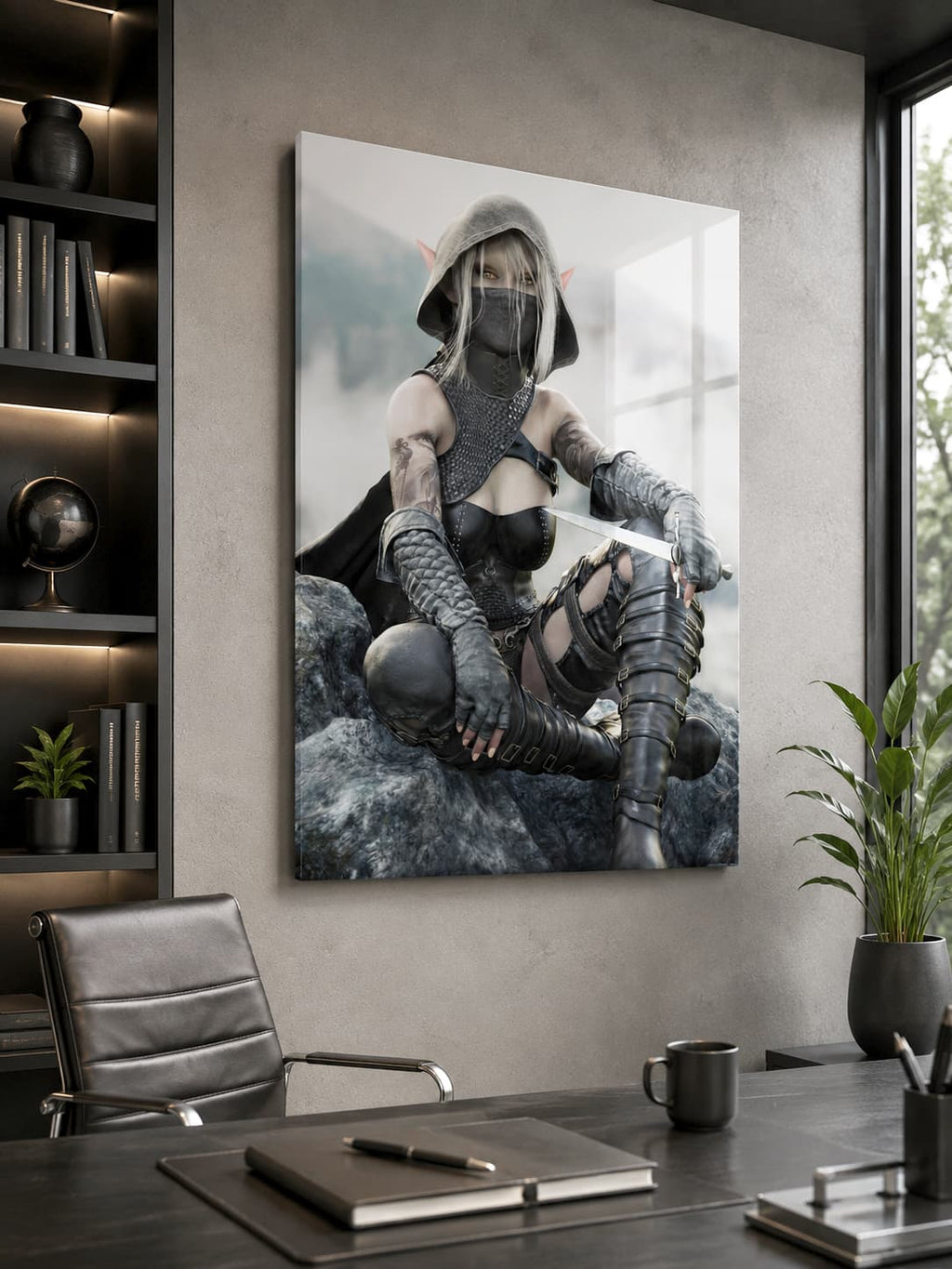 A hooded Dark Elf Rogue sits atop rocky cliffs holding a slender dagger while wearing black leather armor, armored gloves, and a face covering. Her golden eyes, pointed ears, and tattooed arms stand out against a misty mountain landscape. Rich textures and cinematic lighting create a dramatic fantasy illustration inspired by stealth, adventure, and legendary assassins.