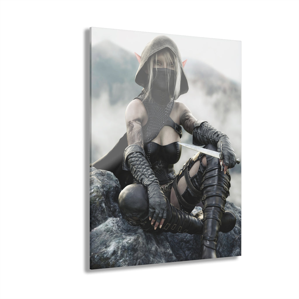 A hooded Dark Elf Rogue sits atop rocky cliffs holding a slender dagger while wearing black leather armor, armored gloves, and a face covering. Her golden eyes, pointed ears, and tattooed arms stand out against a misty mountain landscape. Rich textures and cinematic lighting create a dramatic fantasy illustration inspired by stealth, adventure, and legendary assassins.