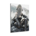 A hooded Dark Elf Rogue sits atop rocky cliffs holding a slender dagger while wearing black leather armor, armored gloves, and a face covering. Her golden eyes, pointed ears, and tattooed arms stand out against a misty mountain landscape. Rich textures and cinematic lighting create a dramatic fantasy illustration inspired by stealth, adventure, and legendary assassins.