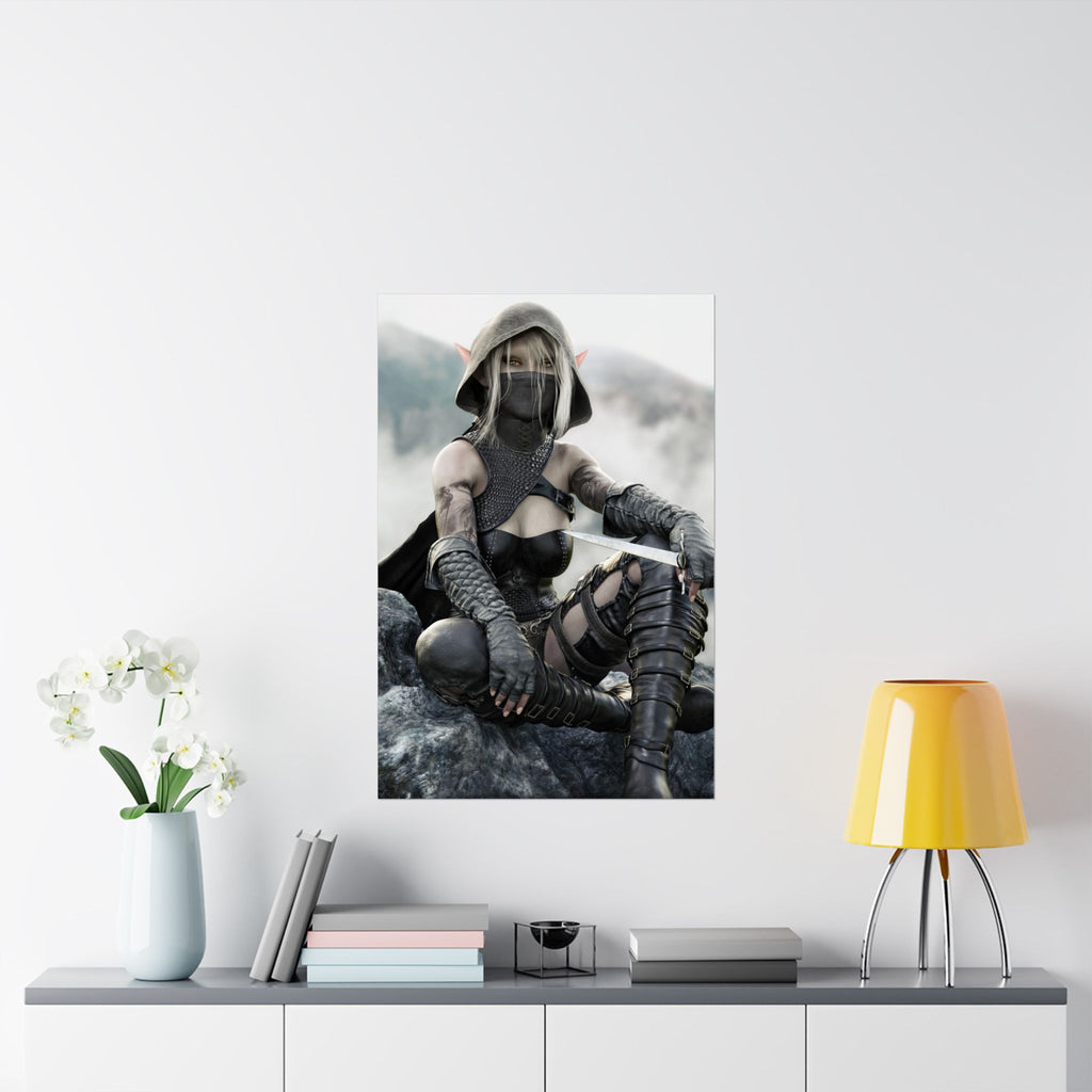 A hooded Dark Elf Rogue sits atop rocky cliffs holding a slender dagger while wearing black leather armor, armored gloves, and a face covering. Her golden eyes, pointed ears, and tattooed arms stand out against a misty mountain landscape. Rich textures and cinematic lighting create a dramatic fantasy illustration inspired by stealth, adventure, and legendary assassins.