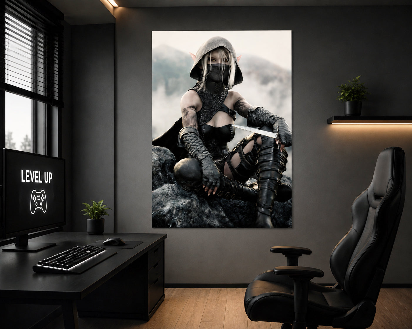 A hooded Dark Elf Rogue sits atop rocky cliffs holding a slender dagger while wearing black leather armor, armored gloves, and a face covering. Her golden eyes, pointed ears, and tattooed arms stand out against a misty mountain landscape. Rich textures and cinematic lighting create a dramatic fantasy illustration inspired by stealth, adventure, and legendary assassins.