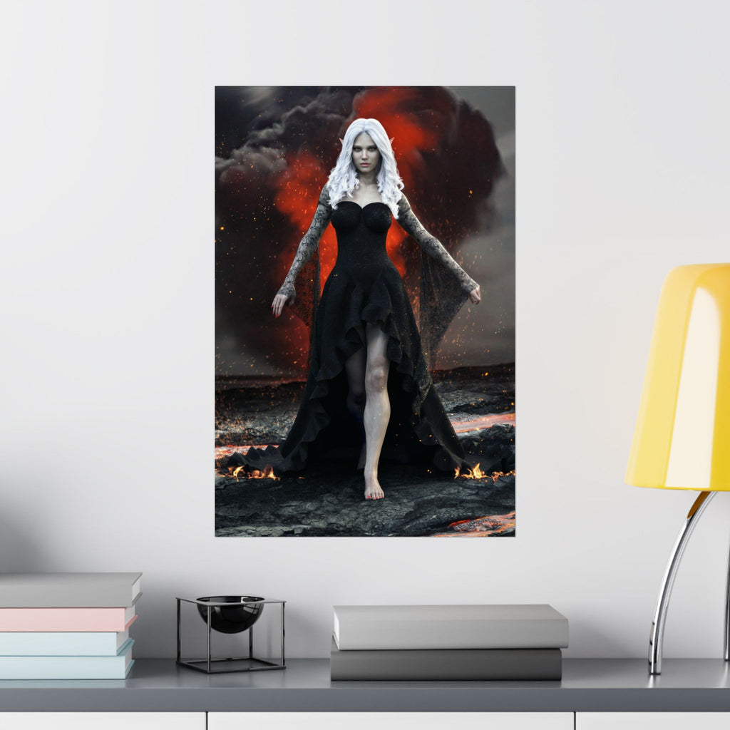 A powerful Dark Elf Sorceress with flowing white hair walks confidently across a volcanic landscape wearing an elegant black gothic gown. Lava, fire, smoke, and glowing embers surround the mysterious mage, creating a cinematic fantasy illustration filled with dramatic lighting, magical atmosphere, and richly detailed textures.