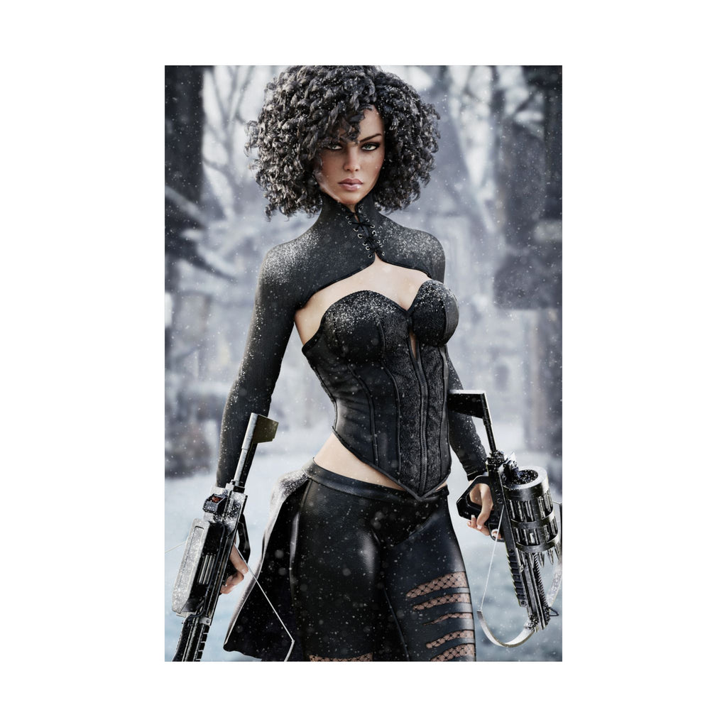 A fearless fantasy female hunter stands in a snowy forest holding dual futuristic crossbows. Wearing an elegant black battle outfit with intricate textures, she stares confidently ahead as snow falls around her. Cinematic lighting, realistic details, and an icy fantasy landscape create an epic illustration inspired by fantasy and science fiction adventures.