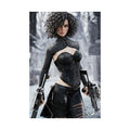 A fearless fantasy female hunter stands in a snowy forest holding dual futuristic crossbows. Wearing an elegant black battle outfit with intricate textures, she stares confidently ahead as snow falls around her. Cinematic lighting, realistic details, and an icy fantasy landscape create an epic illustration inspired by fantasy and science fiction adventures.