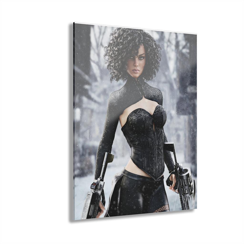 A fearless fantasy female hunter stands in a snowy forest holding dual futuristic crossbows. Wearing an elegant black battle outfit with intricate textures, she stares confidently ahead as snow falls around her. Cinematic lighting, realistic details, and an icy fantasy landscape create an epic illustration inspired by fantasy and science fiction adventures.