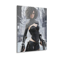 A fearless fantasy female hunter stands in a snowy forest holding dual futuristic crossbows. Wearing an elegant black battle outfit with intricate textures, she stares confidently ahead as snow falls around her. Cinematic lighting, realistic details, and an icy fantasy landscape create an epic illustration inspired by fantasy and science fiction adventures.