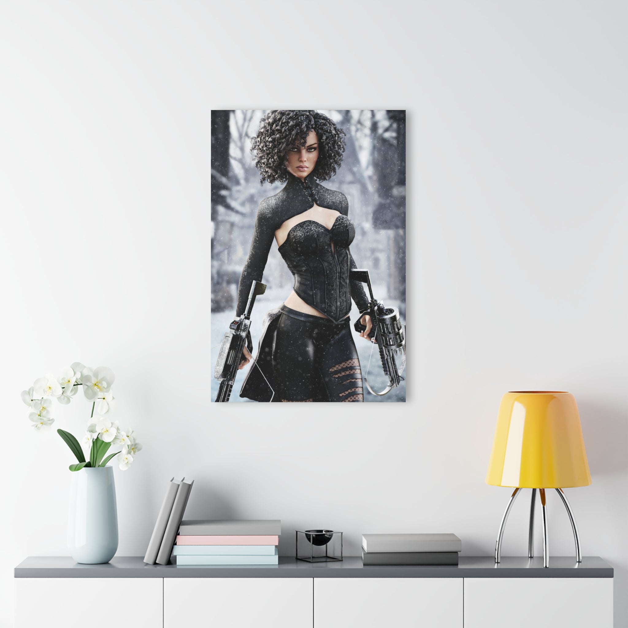 A fearless fantasy female hunter stands in a snowy forest holding dual futuristic crossbows. Wearing an elegant black battle outfit with intricate textures, she stares confidently ahead as snow falls around her. Cinematic lighting, realistic details, and an icy fantasy landscape create an epic illustration inspired by fantasy and science fiction adventures.