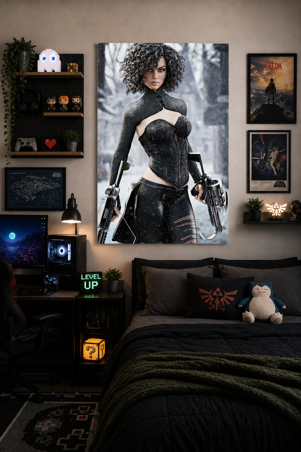 A fearless fantasy female hunter stands in a snowy forest holding dual futuristic crossbows. Wearing an elegant black battle outfit with intricate textures, she stares confidently ahead as snow falls around her. Cinematic lighting, realistic details, and an icy fantasy landscape create an epic illustration inspired by fantasy and science fiction adventures.