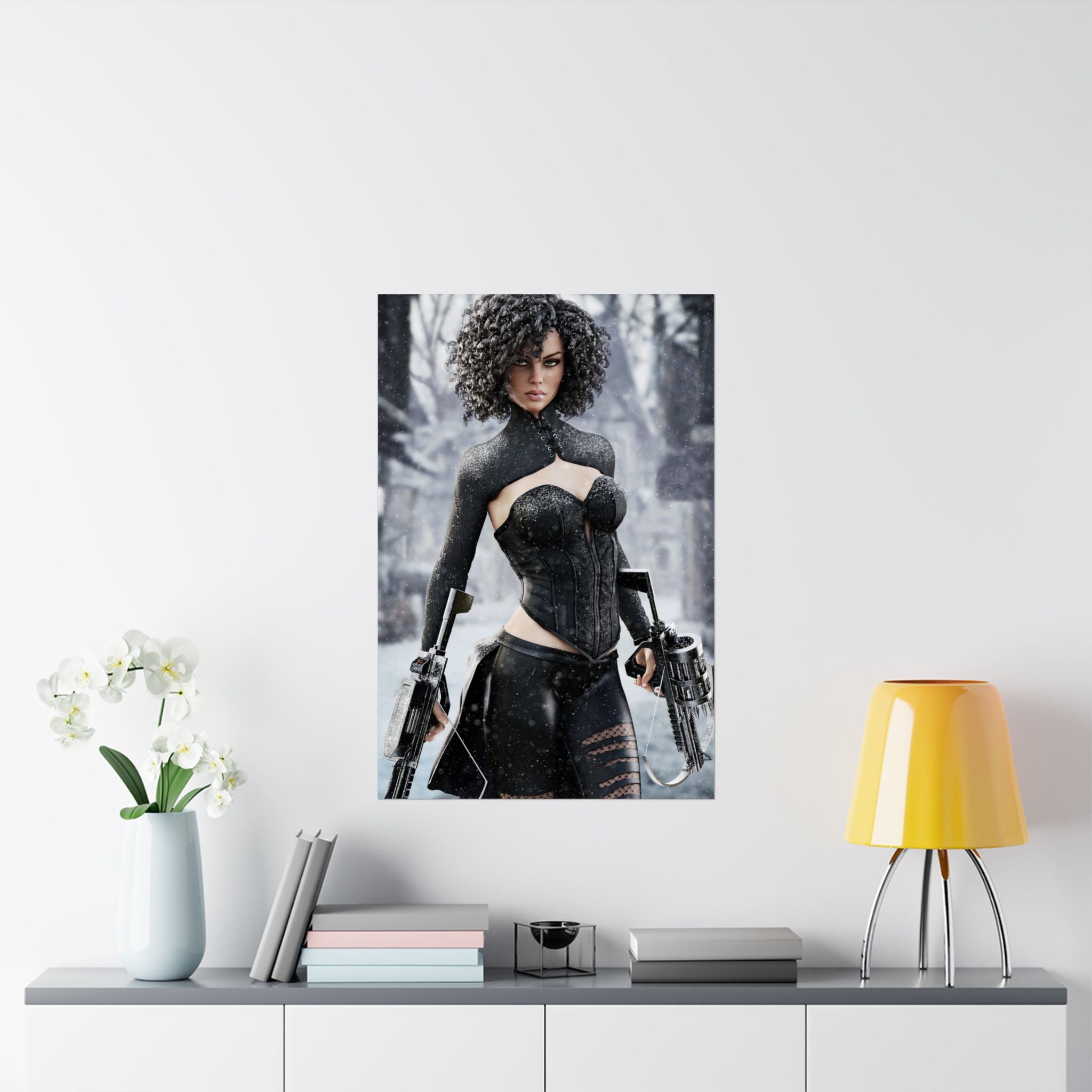 A fearless fantasy female hunter stands in a snowy forest holding dual futuristic crossbows. Wearing an elegant black battle outfit with intricate textures, she stares confidently ahead as snow falls around her. Cinematic lighting, realistic details, and an icy fantasy landscape create an epic illustration inspired by fantasy and science fiction adventures.