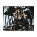 A confident fantasy pirate captain sits aboard a historic sailing ship wearing a black tricorne hat, elegant corset, and tall leather boots. Surrounded by towering masts, ropes, and dark sails, she gazes forward with determination. Rich textures, dramatic lighting, and realistic details create a cinematic fantasy illustration inspired by legendary pirate adventures.