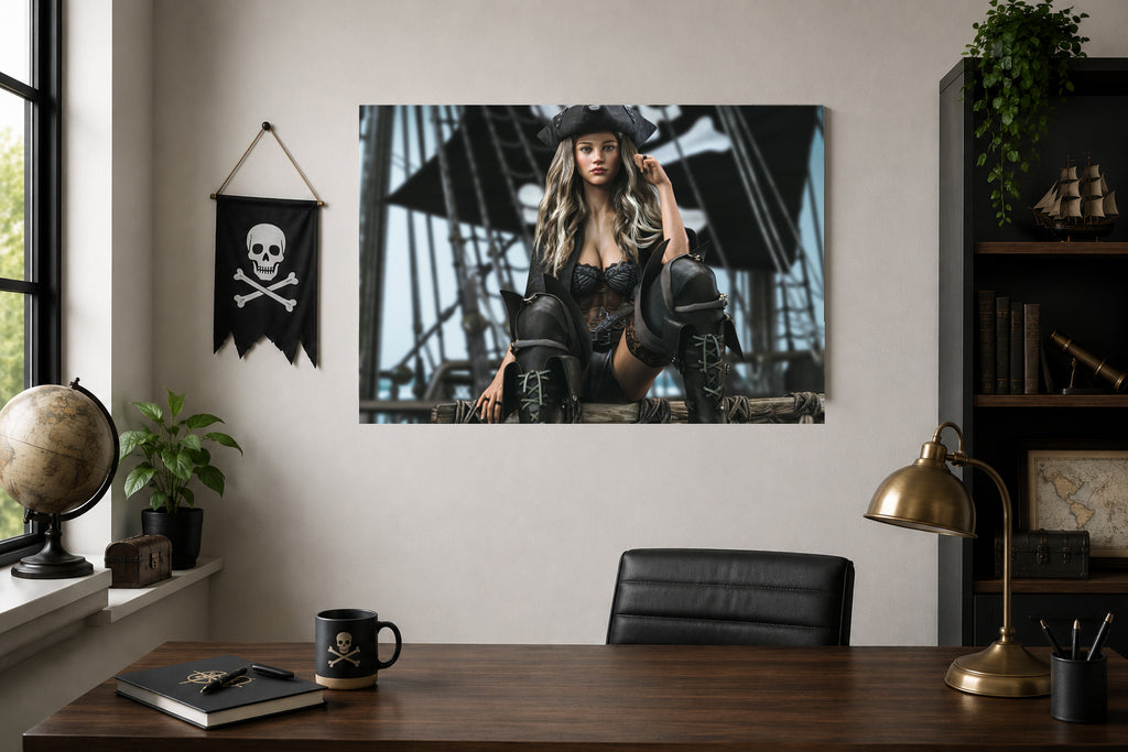 A confident fantasy pirate captain sits aboard a historic sailing ship wearing a black tricorne hat, elegant corset, and tall leather boots. Surrounded by towering masts, ropes, and dark sails, she gazes forward with determination. Rich textures, dramatic lighting, and realistic details create a cinematic fantasy illustration inspired by legendary pirate adventures.