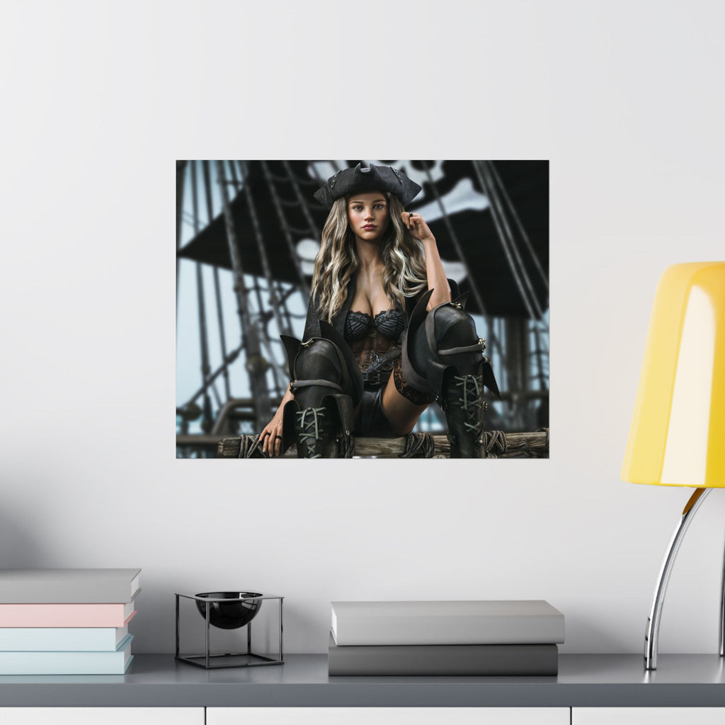 A confident fantasy pirate captain sits aboard a historic sailing ship wearing a black tricorne hat, elegant corset, and tall leather boots. Surrounded by towering masts, ropes, and dark sails, she gazes forward with determination. Rich textures, dramatic lighting, and realistic details create a cinematic fantasy illustration inspired by legendary pirate adventures.