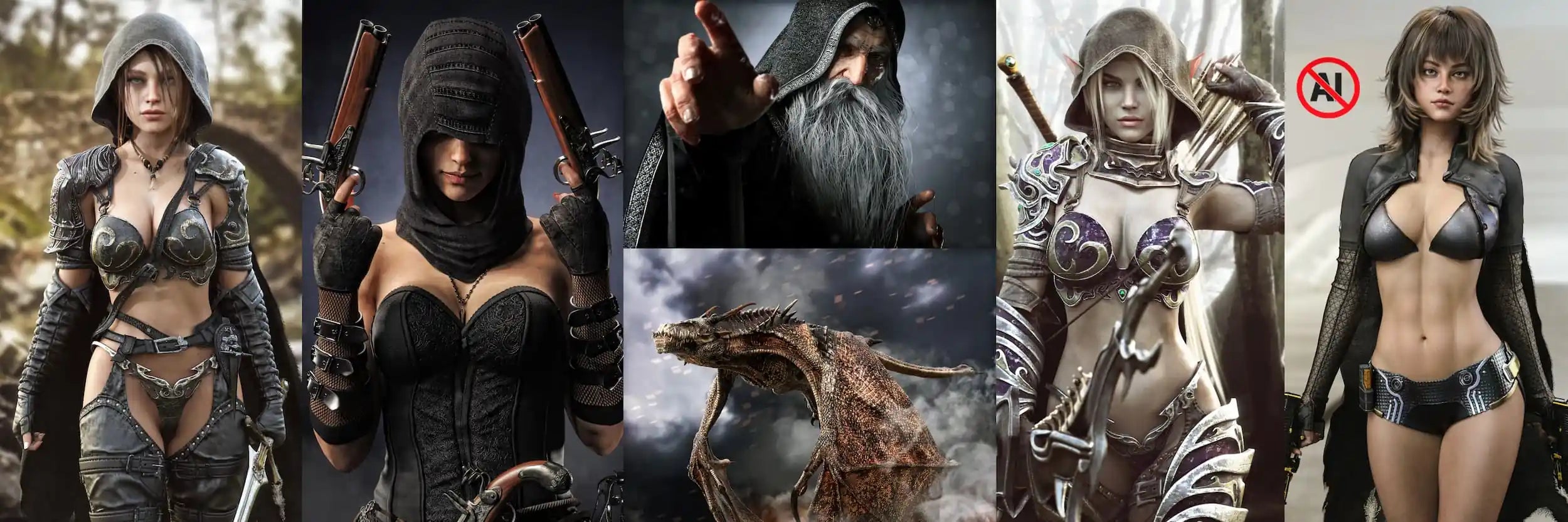 A collage of five video game character renderings, including armored and cloaked female figures, a bearded warrior, a dragon-like creature, and a bikini-clad woman, with a red circular logo overlay on the right.