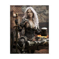 Original handcrafted fantasy artwork featuring a dark elf warrior seated inside a medieval tavern holding a frothy mug beside her sword while wearing ornate engraved armor illuminated by warm candlelight.