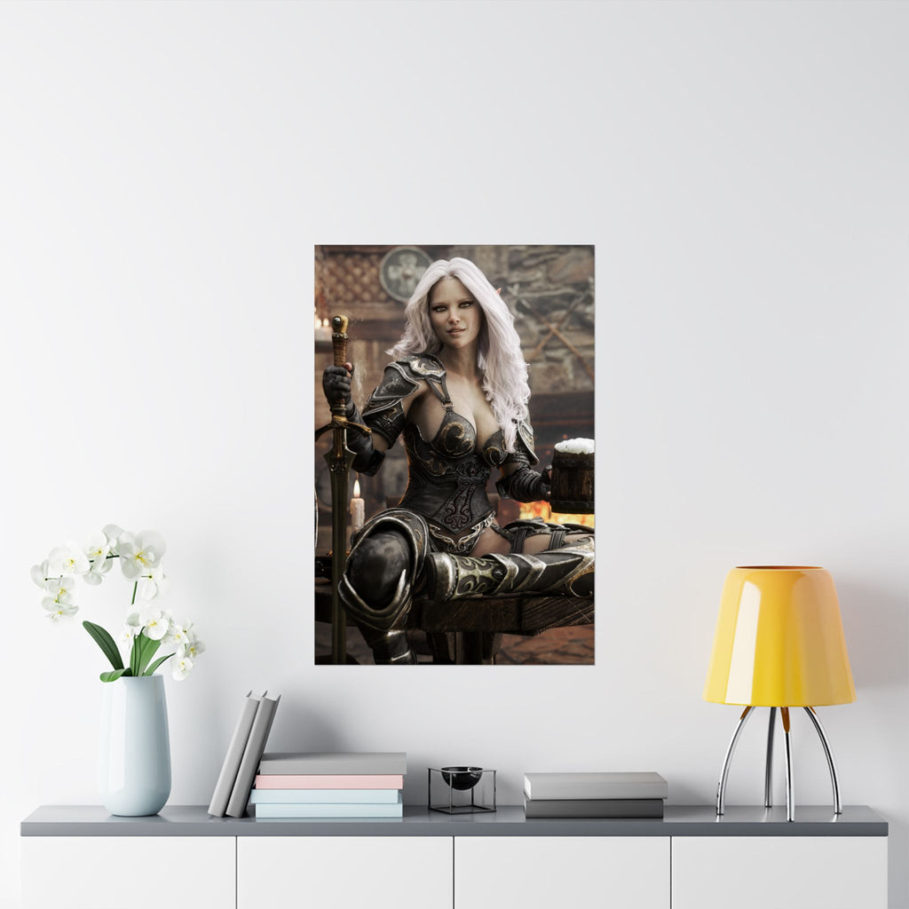 Original handcrafted fantasy artwork featuring a dark elf warrior seated inside a medieval tavern holding a frothy mug beside her sword while wearing ornate engraved armor illuminated by warm candlelight.