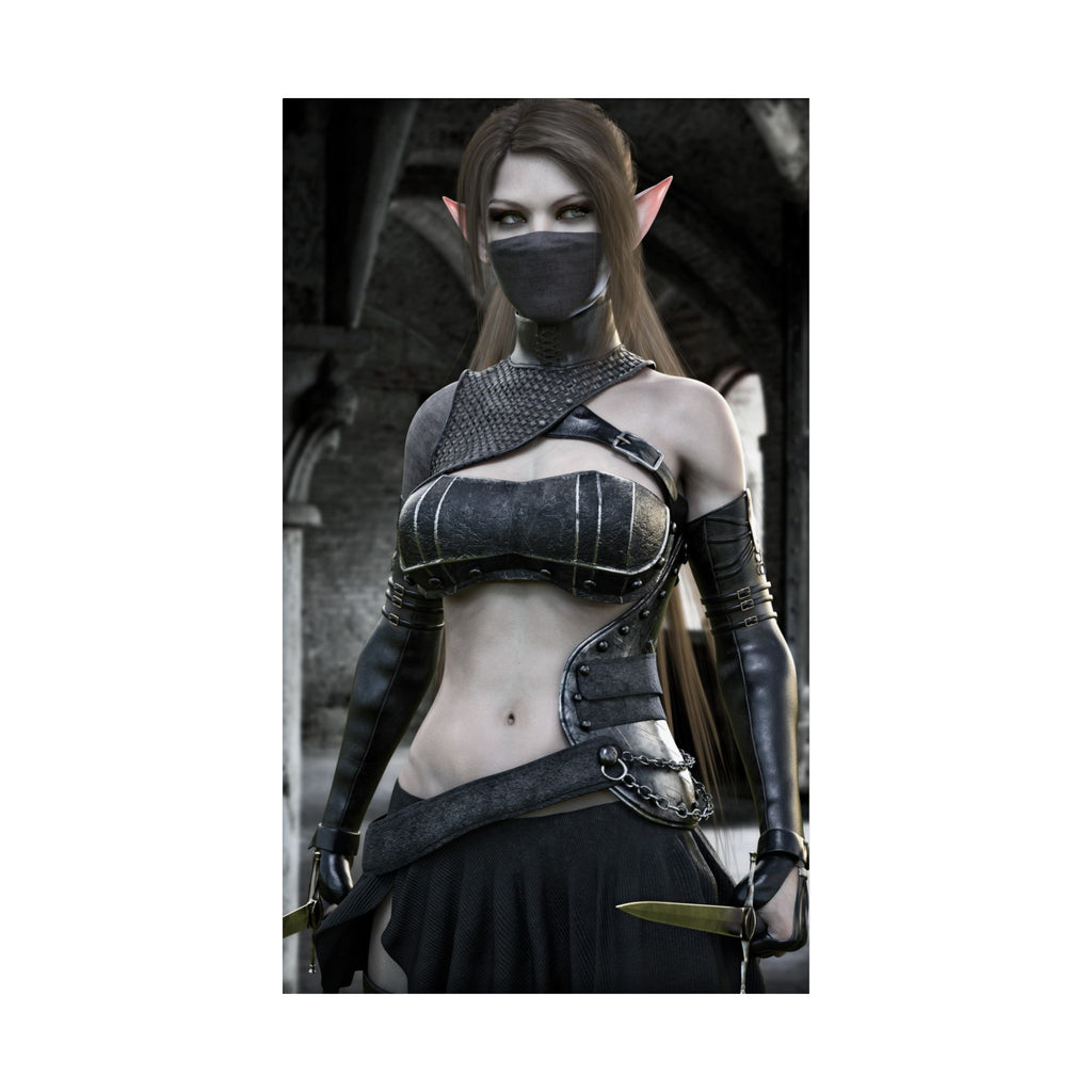 Handcrafted fantasy artwork featuring a masked dark elf assassin wearing ornate armor and wielding twin daggers inside a gothic medieval hall with dramatic lighting.