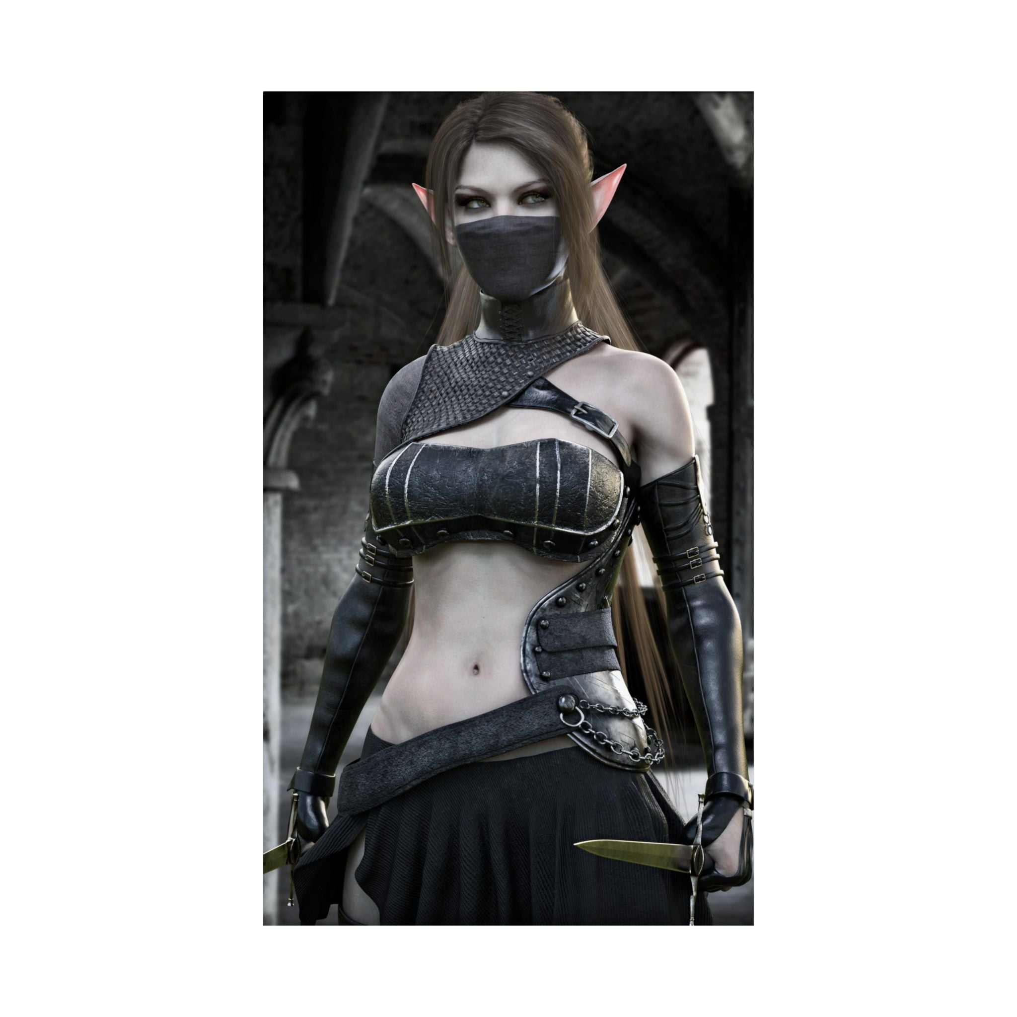 Handcrafted fantasy artwork featuring a masked dark elf assassin wearing ornate armor and wielding twin daggers inside a gothic medieval hall with dramatic lighting.