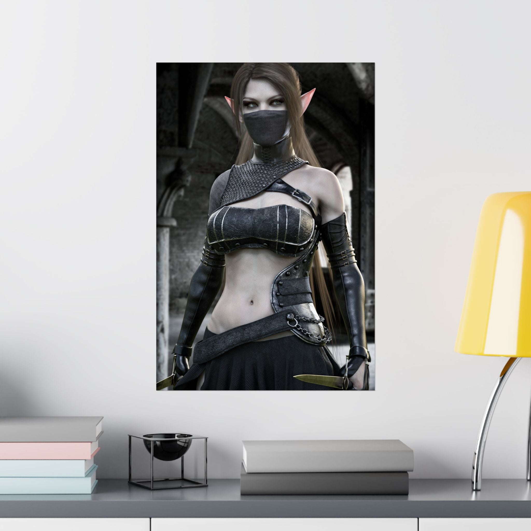 Handcrafted fantasy artwork featuring a masked dark elf assassin wearing ornate armor and wielding twin daggers inside a gothic medieval hall with dramatic lighting.