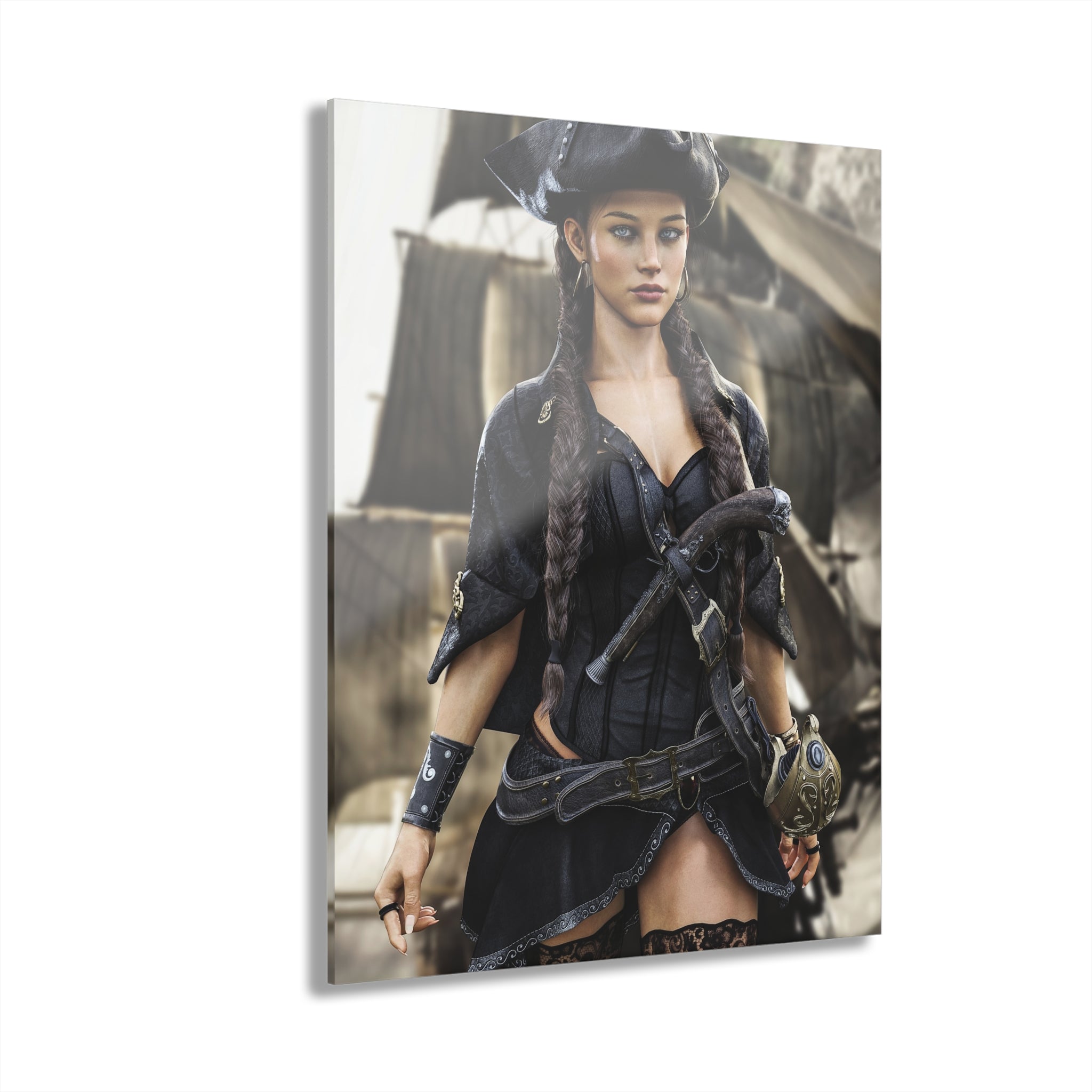 A confident female pirate captain stands before a historic sailing ship wearing a black tricorne hat, elegant pirate clothing, and long braided hair. Detailed leather belts, ornate weapons, and realistic nautical textures combine with cinematic lighting to create a stunning fantasy illustration inspired by legendary pirate adventures.