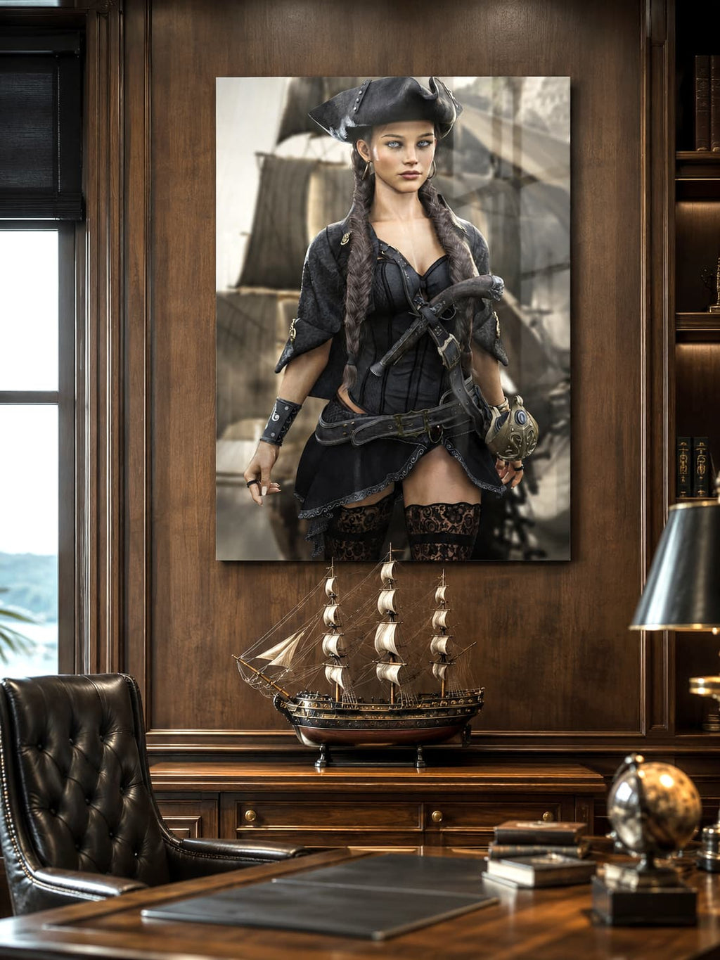 A confident female pirate captain stands before a historic sailing ship wearing a black tricorne hat, elegant pirate clothing, and long braided hair. Detailed leather belts, ornate weapons, and realistic nautical textures combine with cinematic lighting to create a stunning fantasy illustration inspired by legendary pirate adventures.