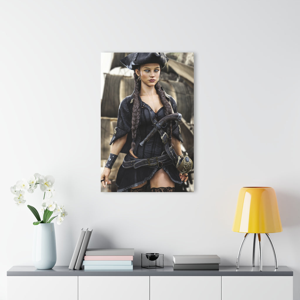 A confident female pirate captain stands before a historic sailing ship wearing a black tricorne hat, elegant pirate clothing, and long braided hair. Detailed leather belts, ornate weapons, and realistic nautical textures combine with cinematic lighting to create a stunning fantasy illustration inspired by legendary pirate adventures.