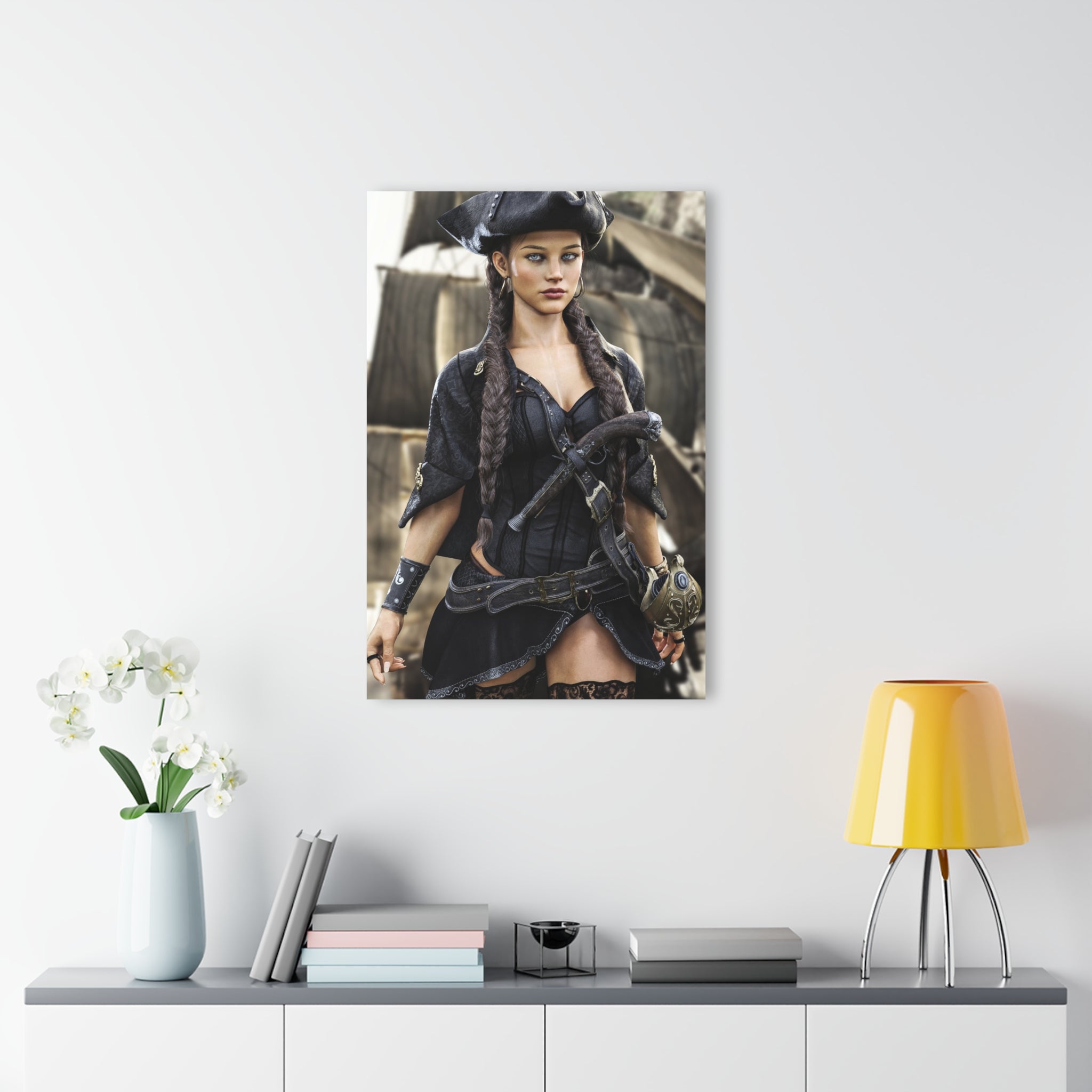 A confident female pirate captain stands before a historic sailing ship wearing a black tricorne hat, elegant pirate clothing, and long braided hair. Detailed leather belts, ornate weapons, and realistic nautical textures combine with cinematic lighting to create a stunning fantasy illustration inspired by legendary pirate adventures.