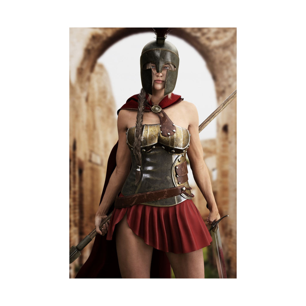 Original handcrafted fantasy artwork featuring a Spartan female warrior wearing bronze armor and a Corinthian helmet while holding a spear and sword before ancient Greek ruins.