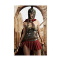 Original handcrafted fantasy artwork featuring a Spartan female warrior wearing bronze armor and a Corinthian helmet while holding a spear and sword before ancient Greek ruins.