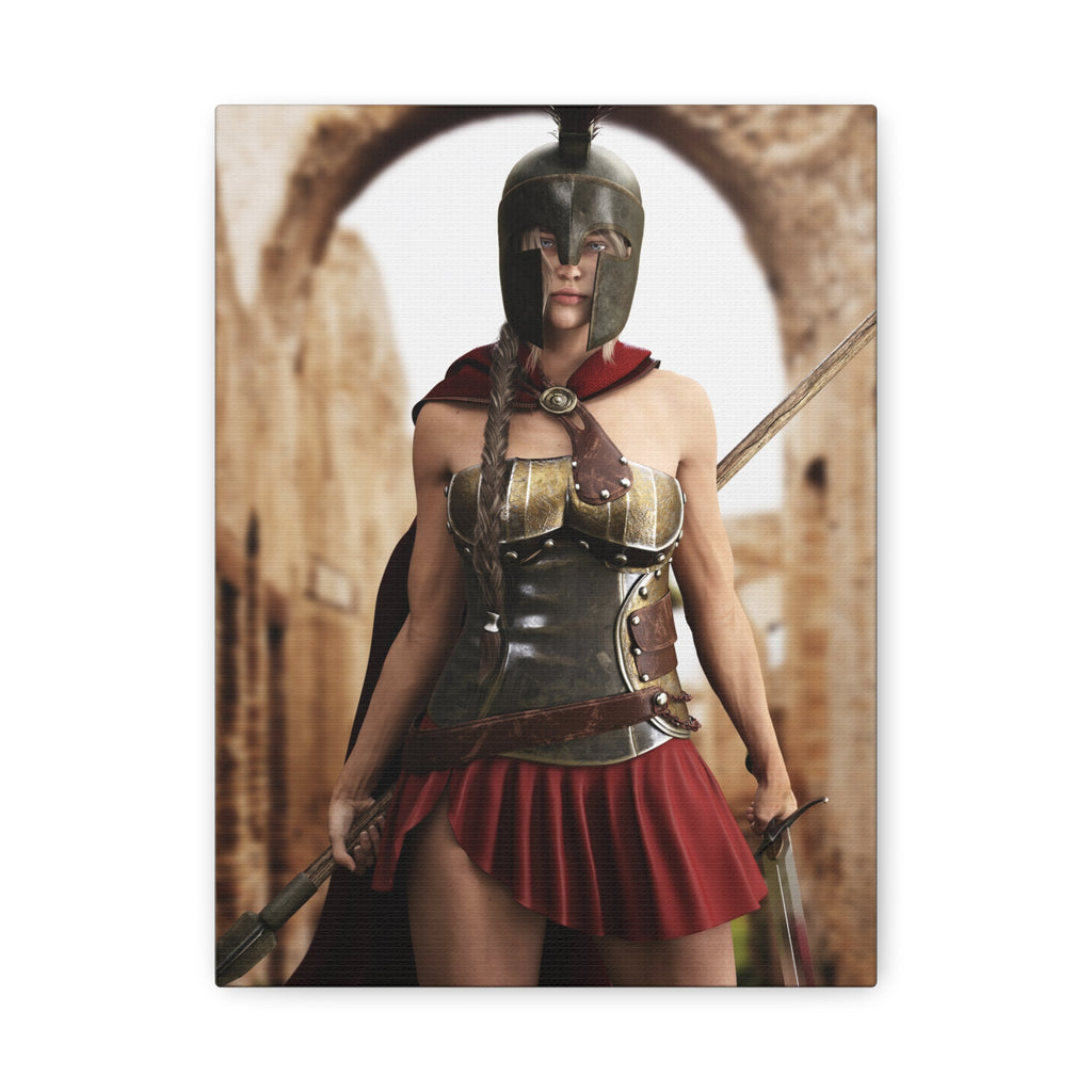 Original handcrafted fantasy artwork featuring a Spartan female warrior wearing bronze armor and a Corinthian helmet while holding a spear and sword before ancient Greek ruins.