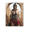 Original handcrafted fantasy artwork featuring a Spartan female warrior wearing bronze armor and a Corinthian helmet while holding a spear and sword before ancient Greek ruins.