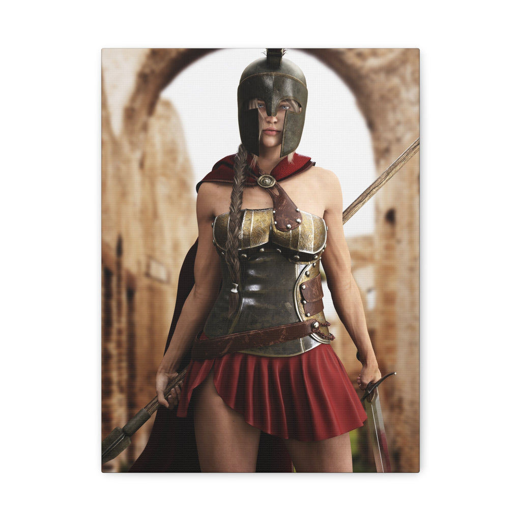 Original handcrafted fantasy artwork featuring a Spartan female warrior wearing bronze armor and a Corinthian helmet while holding a spear and sword before ancient Greek ruins.