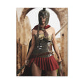 Original handcrafted fantasy artwork featuring a Spartan female warrior wearing bronze armor and a Corinthian helmet while holding a spear and sword before ancient Greek ruins.