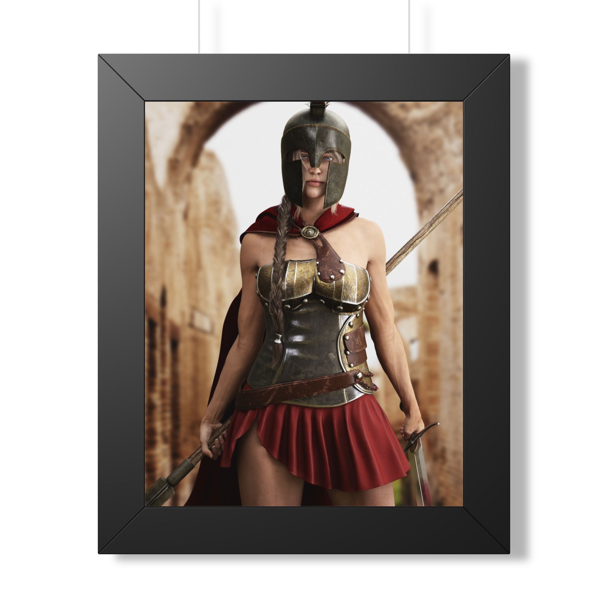Original handcrafted fantasy artwork featuring a Spartan female warrior wearing bronze armor and a Corinthian helmet while holding a spear and sword before ancient Greek ruins.