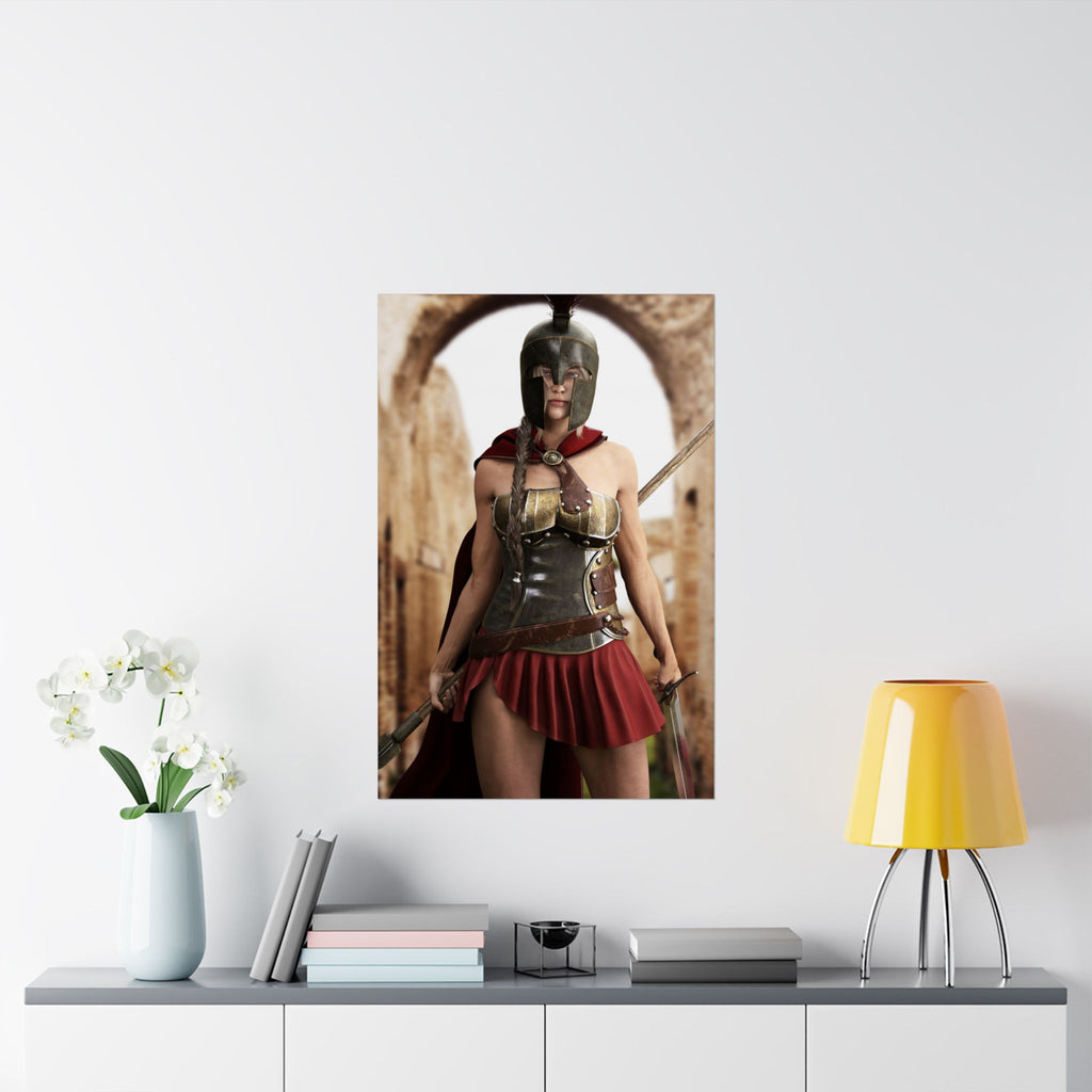 Original handcrafted fantasy artwork featuring a Spartan female warrior wearing bronze armor and a Corinthian helmet while holding a spear and sword before ancient Greek ruins.